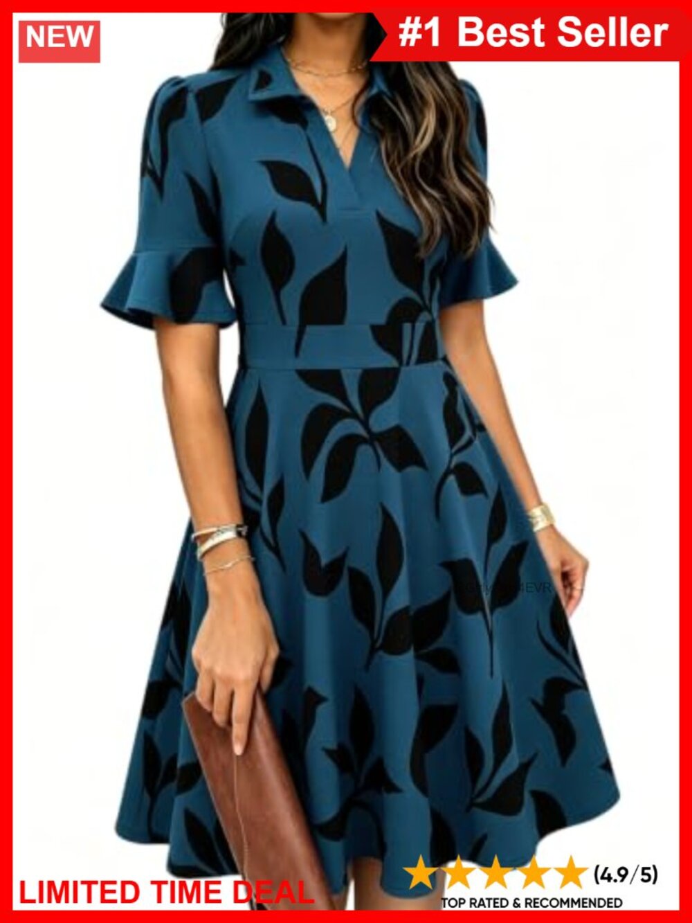 Ruffle Sleeve V Neck Fit and Flare A Line Swing Dress with Pockets